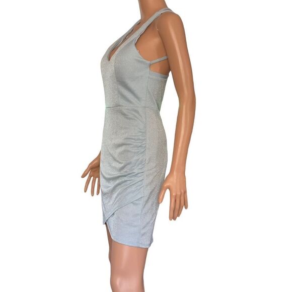 Crystal Doll Powder Blue Shimmery Side Ruched Bodycon Dress Size 9 - Picture 3 of 16